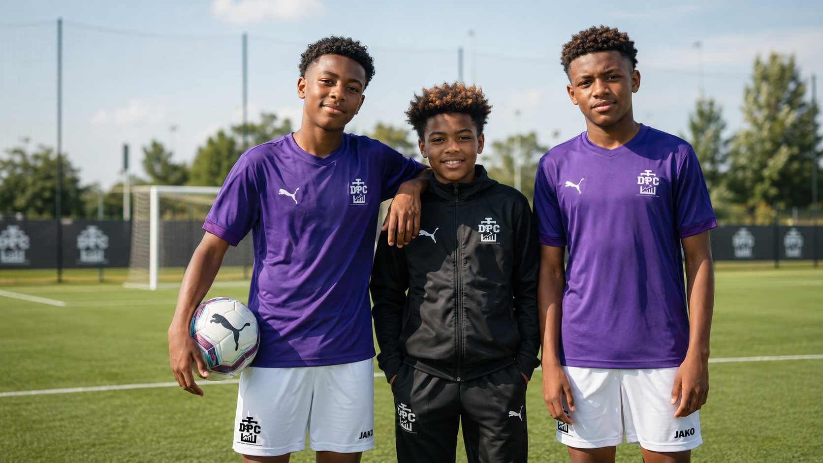 Spelers van DPC Academy in officiële clubkleding op het trainingsveld.